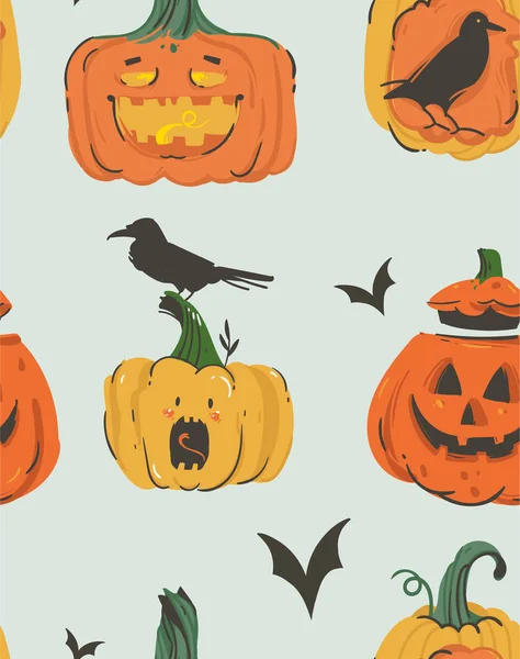 Dibujos animados abstractos vector dibujado a mano Feliz Halloween ilustraciones patrón sin costuras con calabazas emoji cuernos linternas monstruos, murciélagos y cuervos aislados sobre fondo gris . — Archivo Imágenes Vectoriales