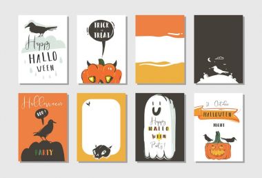 Elle çizilmiş vektör karikatür mutlu Halloween çizimler parti posterler ve Kuzgunlar, yarasalar, kabak ve beyaz arka plan üzerinde izole modern hat ayarla koleksiyon kartları