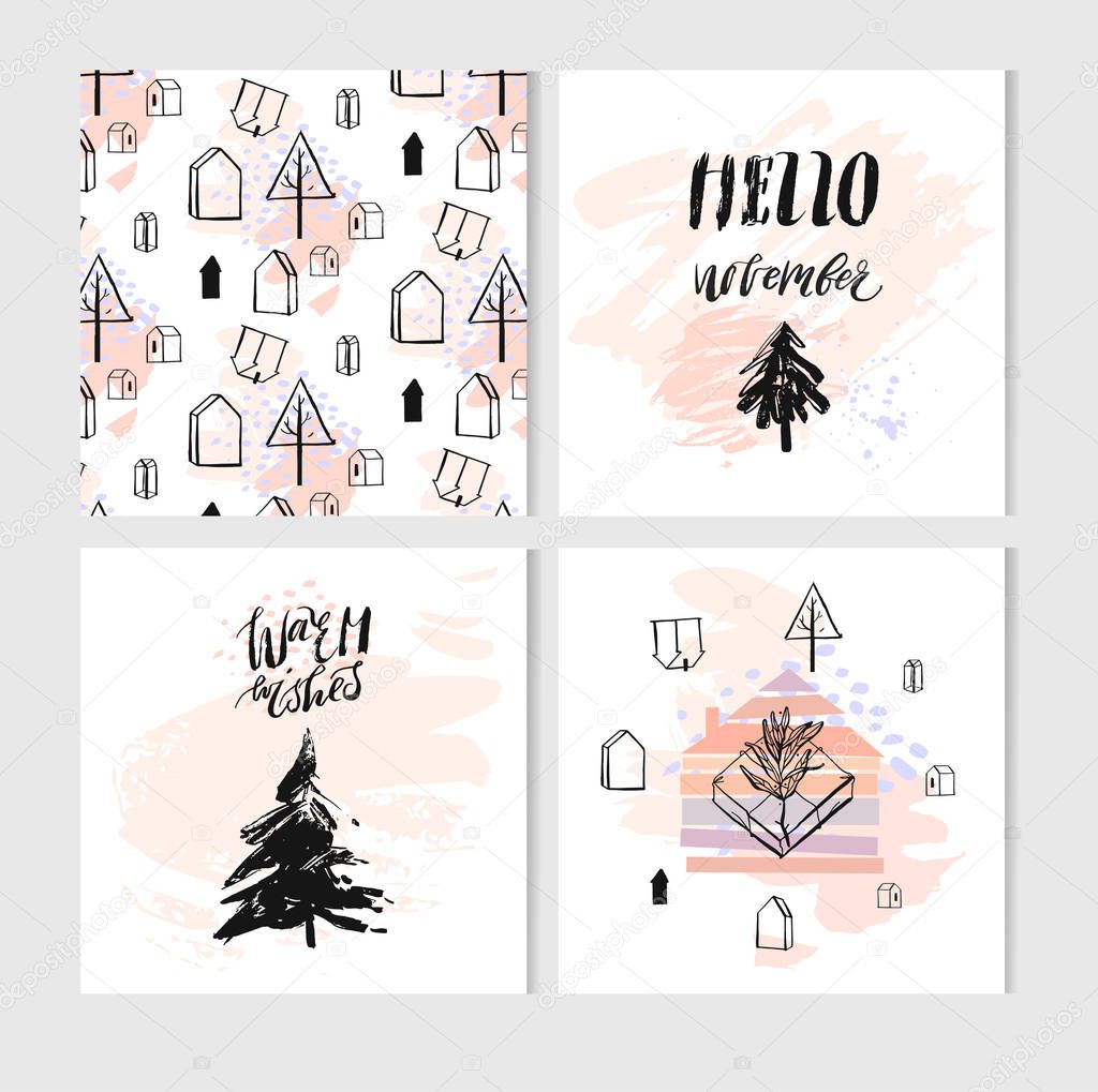 Hand drawn vector abstract Christmas greeting cards