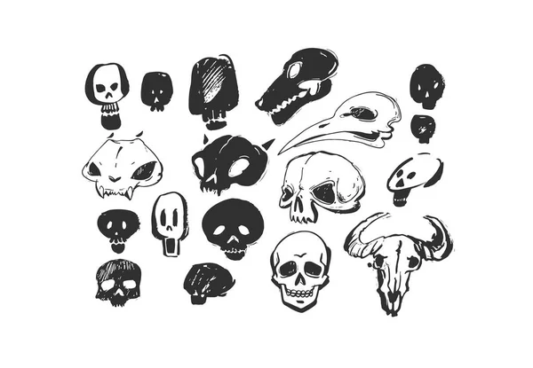 Hand drawn vector abstract artistic freehand textured ink Halloween design elements animals and human skulls collection set isolated on white background. — Stock Vector