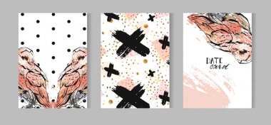 Elle çizilmiş vektör soyut dokulu kart şablon koleksiyonu baykuş illüstrasyon, haçlar ve puantiyeli doku ile beyaz arka plan üzerinde izole inpastel renklerini ayarlama