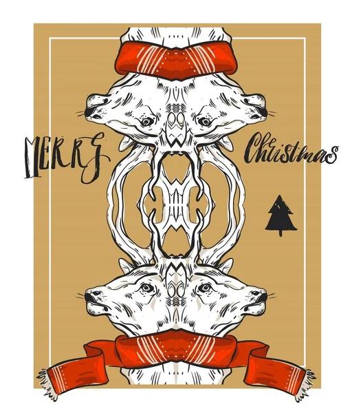 青色の背景クリスマスにサンタさんトナカイ。手描きのカード。スケッチ スタイルのベクトル図. — ストックベクタ