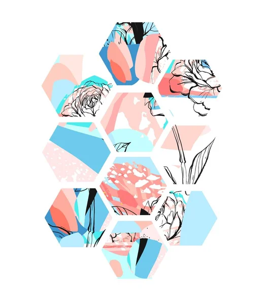 Vetor desenhado à mão artístico universal texturizado composição abstrata com formas de hexágono, texturas feitas à mão e motivos de flores em cores pastel isolado no fundo branco — Vetor de Stock
