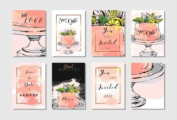 Hand drawn vector abstract freehand textured unusual save the date cards set template with cake stand design,flowers,lemon,golden frame and modern calligraphy in peach colors.Wedding,birthday,rsvp — Stock Vector