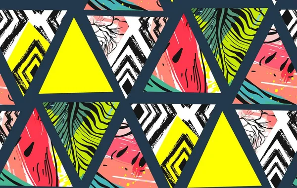 El çizilmiş vektör soyut alışılmadık yaz saati dekorasyon kolaj seamless modeli ile karpuz, Aztek ve tropikal hurma izole motifi bırakır.