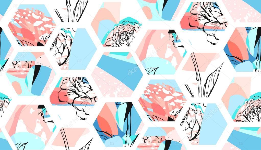 Hand drawn vector artistic universal textured abstract composition seamless pattern with hexagon shapes,hand made textures and flowers motif in pastel colors isolated on white background