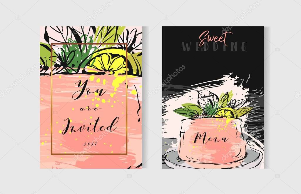 Hand drawn vector abstract freehand textured unusual save the date cards set template with cake stand design,flowers,lemon,golden frame and modern calligraphy in peach colors