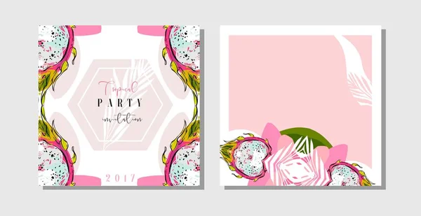 Hand drawn vector abstract freehand textured unusual tropical save the date cards set collection template with palm leaves and dragon fruit in bright colors isolated on white background — Stock Vector