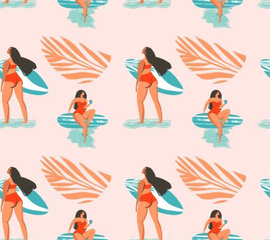 Çizilmiş vektör soyut yaz sörfçü kız bikini plaj ve tropik avuç ile seamless modeli üzerinde pastel arka plan izole çıkışında teslim