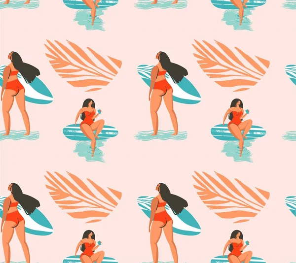 Çizilmiş vektör soyut yaz sörfçü kız bikini plaj ve tropik avuç ile seamless modeli üzerinde pastel arka plan izole çıkışında teslim