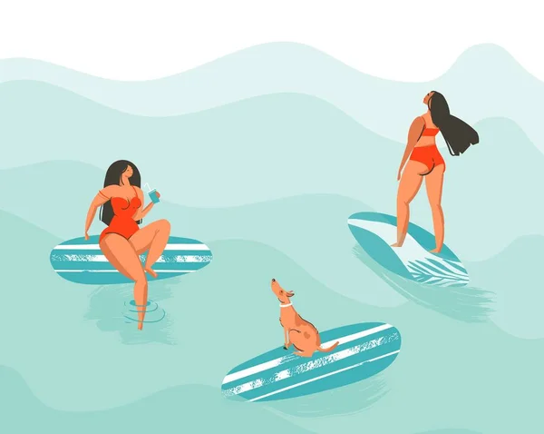 Hand getekende vector abstracte zomertijd leuke cartoon afbeelding poster met surfer zwemmen meisjes in rode bikini met hond geïsoleerd op blauwe oceaan golven — Stockvector