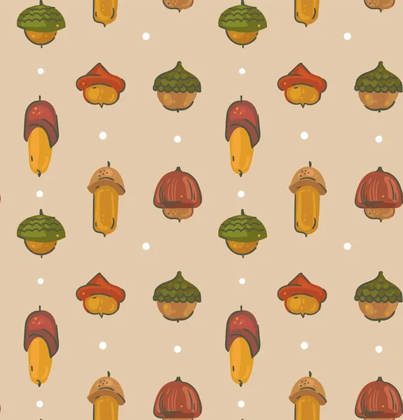 Dibujos animados vectoriales dibujados a mano patrón sin costura otoño con bellota folclórica del bosque aislado sobre fondo artesanal — Vector de stock
