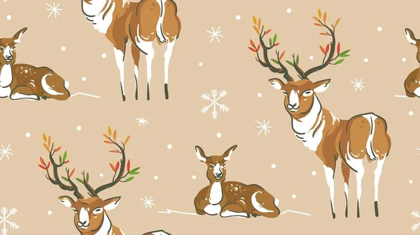 Ручной рисунок вектор абстрактной дикой природы Рождество бесшовный узор с оленями семьи и снежинки изолированы на бумажном фоне . — стоковый вектор