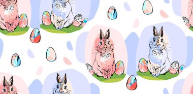 Hand drawn vector abstract collage drawing cute seamless pattern with realistic rabbits and Easter eggs in pastel colors.Easter bunnies background.Cute trendy rabbit illustration.Easter greetings. clipart