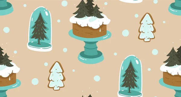Ручний намальований векторний абстрактний мультфільм Різдвяний безшовний візерунок зі скандинавськими елементами домашнього прикраси скляна лампа, святковий торт на підставці та імбирне печиво ізольовані на тлі ремесла паперу — стоковий вектор