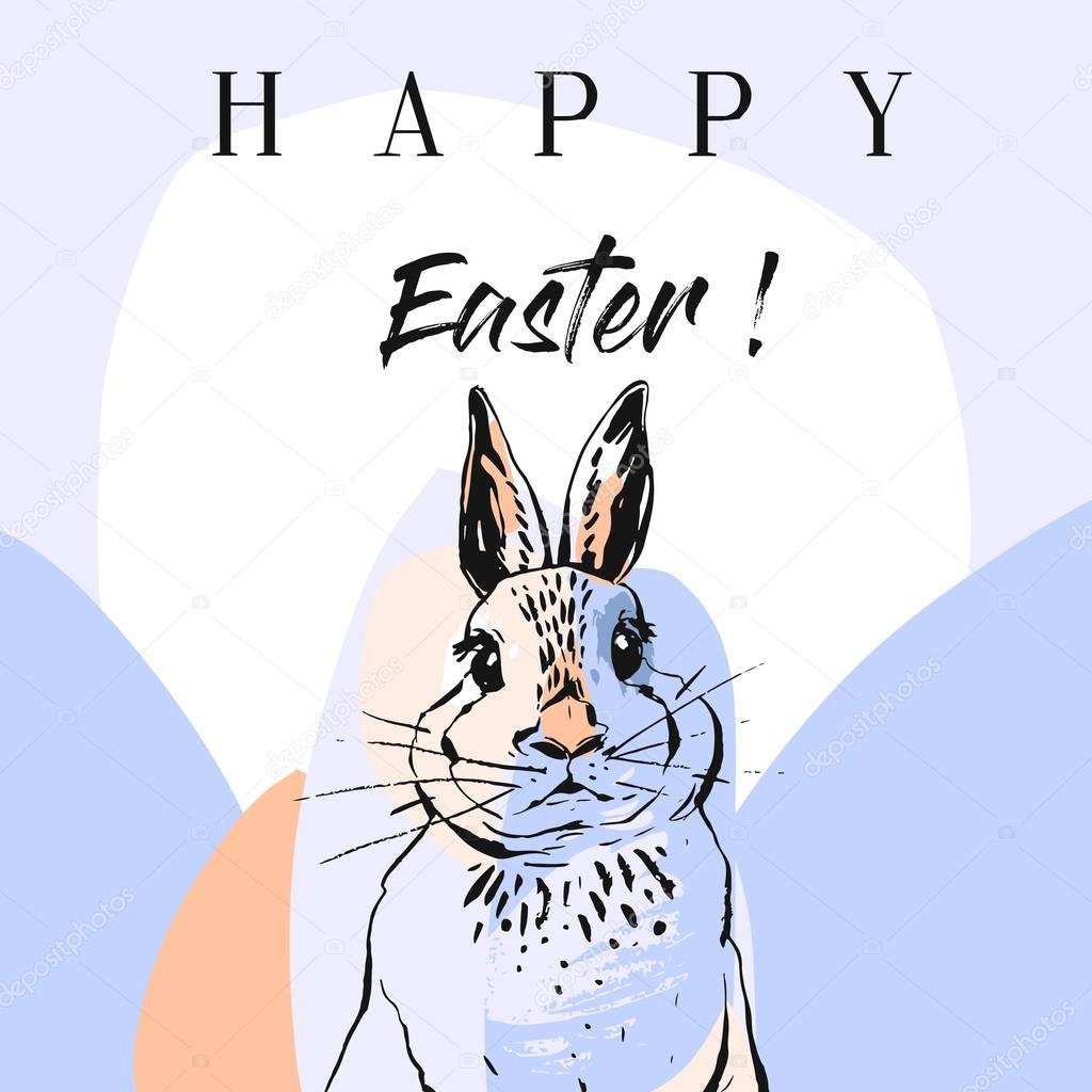 Hand drawn vector abstract collage funny poster with rabbit and calligraphy quote Happy Easter in pastel color isolated on white background.Easter bunny background.Cute rabbit illustration.