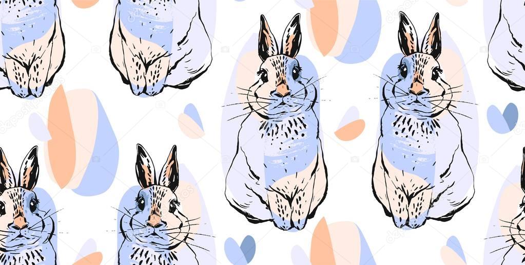 Hand drawn vector abstract collage drawing cute seamless pattern with realistic rabbits in pastel colors.Easter bunnies background.Cute trendy rabbit illustration.Easter greetings.Wrapping paper