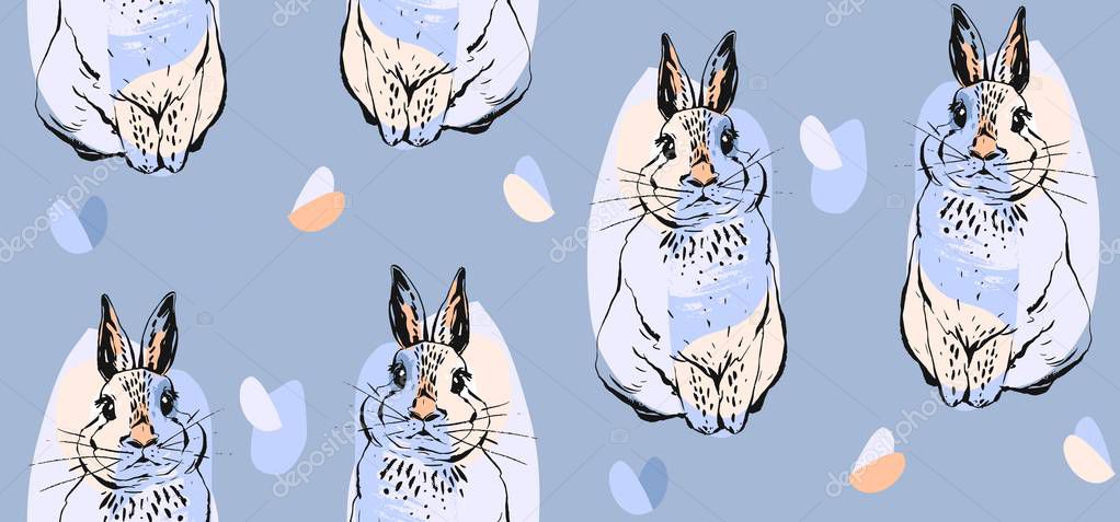 Hand drawn vector abstract collage drawing cute seamless pattern with realistic rabbits in pastel colors.Easter bunnies background.Cute trendy rabbit illustration.Easter greetings.Wrapping paper.