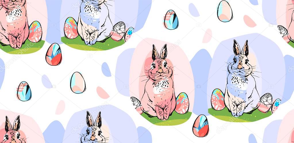 Hand drawn vector abstract collage drawing cute seamless pattern with realistic rabbits and Easter eggs in pastel colors.Easter bunnies background.Cute trendy rabbit illustration.Easter greetings.