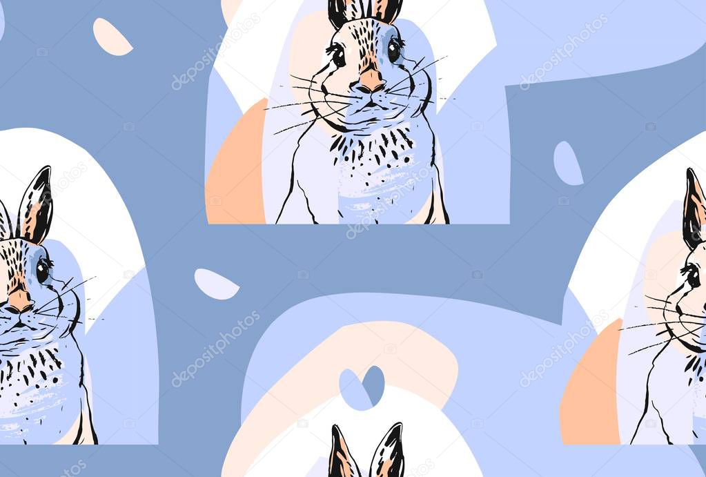 Hand drawn vector abstract collage drawing cute seamless pattern with realistic rabbits in pastel colors.Easter background.Cute trendy rabbit illustration.Easter greetings.Wrapping paper.