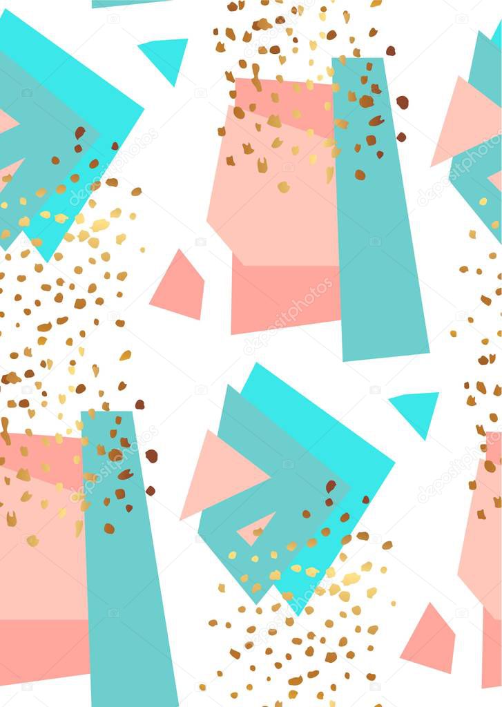 Abstract geometric seamless pattern in white, gold,blue and pastel pink. Hand drawn vintage texture, lines, dots pattern and geometric elements. Modern abstract design poster, cover, card design.