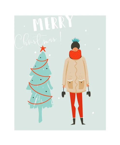 Hand getrokken vector abstracte plezier Merry Christmas tijd afbeelding kaart met meisje in winter kleding en kerstboom geïsoleerd op blauwe achtergrond. — Stockvector