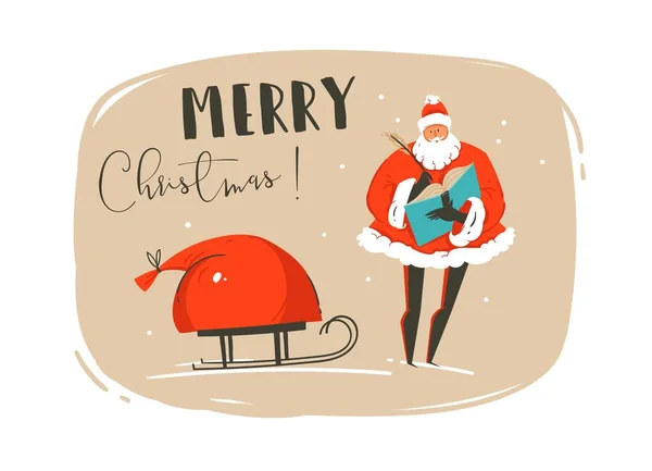 Ручной рисунок векторные абстрактные весело Веселое Рождество иллюстрации открытки с Санта-Клаусом, сумка из многих сюрпризов подарки на санях и современной типографии изолированы на бумажном фоне ремесла . — стоковый вектор