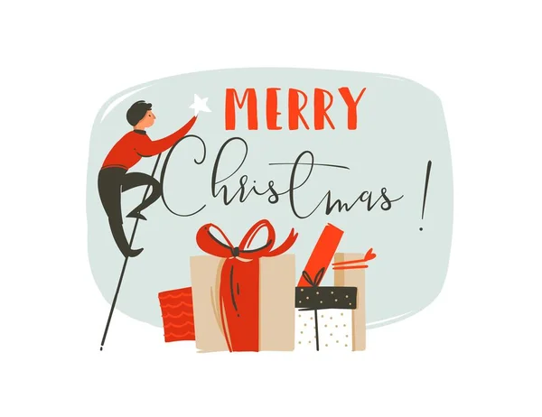 Hand getekende vector abstracte plezier tijd Merry Christmas wenskaart illustratie met man, ster, veel verrassing giften vakken en moderne typografie Merry Christmas geïsoleerd op witte achtergrond — Stockvector