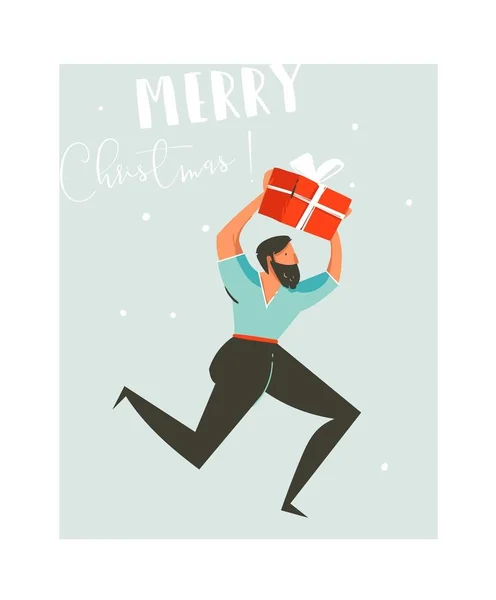 Hand drawn vector abstract fun Merry Christmas time illustration greeting card with running man and surprise gift box isolated on blue background — Stock Vector