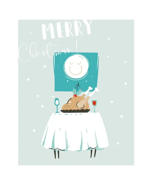 Боку звернено вектор абстрактні весело Merry Christmas час мультфільму ілюстрації з Різдва їжу на стіл і місяця у вікні ізольовані на синьому фоні. — стоковий вектор
