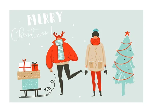 Hand getrokken vector abstracte plezier Merry Christmas tijd cartoon afbeelding instellen met groep mensen in de winter kleding, veel verrassen geschenkdozen op slee en xmas boom geïsoleerd op blauwe achtergrond — Stockvector