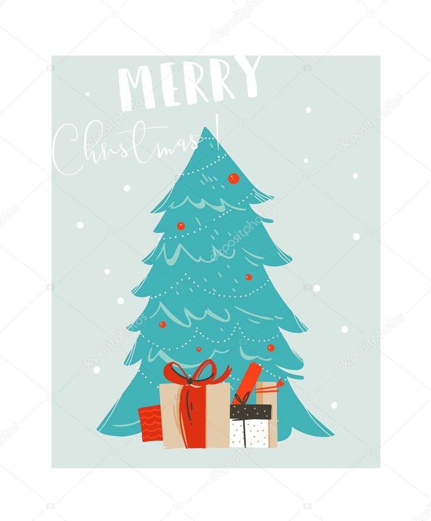 Hand drawn vector abstract fun Merry Christmas time cartoon illustration with blue Christmas tree and many surprise gift boxes isolated on blue background.
