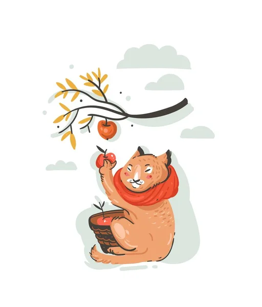 Vettore disegnato a mano astratto saluto cartone animato autunno illustrazione con carino gatto contadino personaggio raccolto raccolto mela con bacche, foglie e rami isolati su sfondo bianco . — Vettoriale Stock
