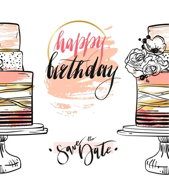Mão desenhado vetor abstrato texturizado Feliz aniversário salvar o modelo de cartão de data com ouro, cores pastel, bolos de aniversário, flores e tinta moderna letras isoladas no fundo branco — Vetor de Stock
