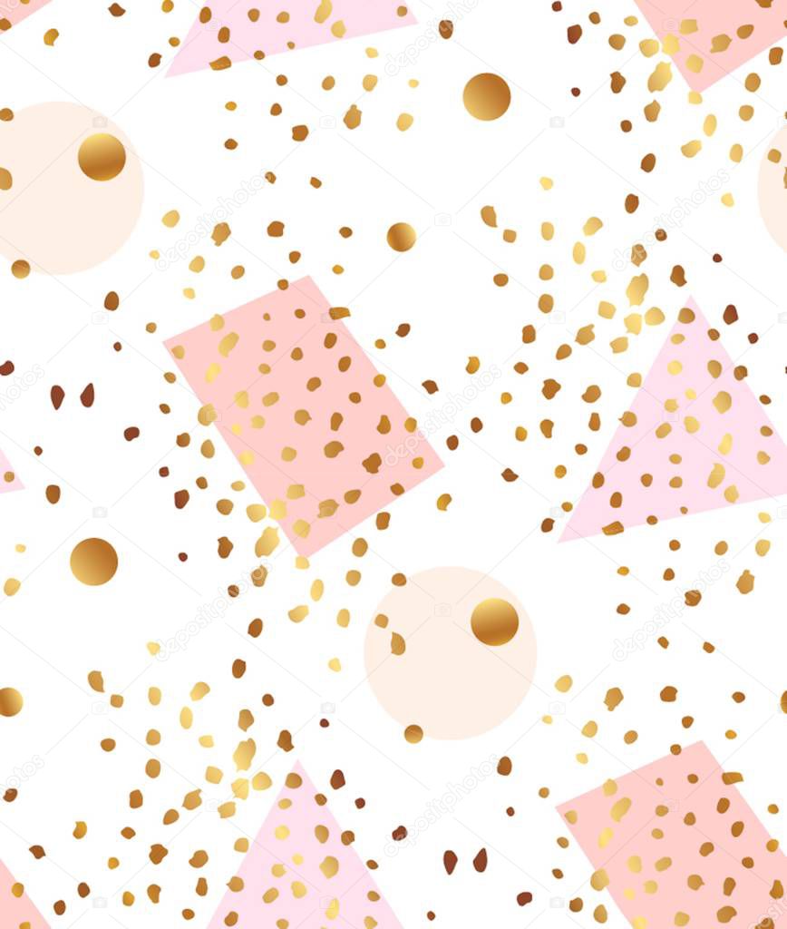 Abstract geometric seamless pattern in white,gold,pastel pink.Hand drawn brush stroke,dots pattern and geometric elements.Modern and stylish abstract design poster, cover, card design