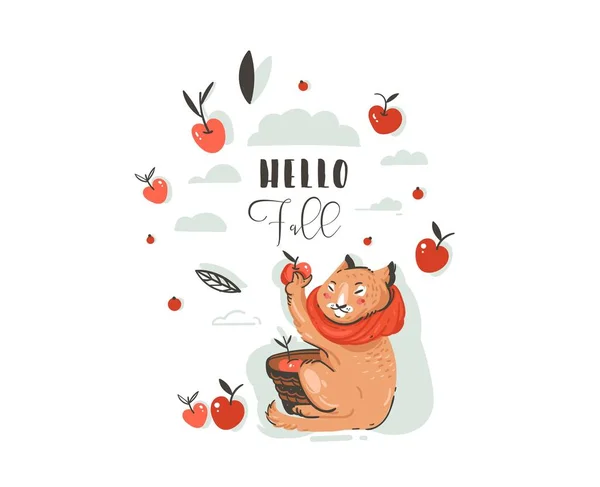 Vettore disegnato a mano astratto saluto cartone animato autunno illustrazione set con carino gatto personaggio raccolto raccolta mela con bacche, foglie, ramo e tipografia Ciao autunno isolato su sfondo bianco . — Vettoriale Stock