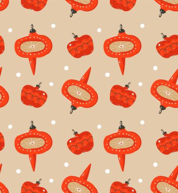 Elle çizilmiş vektör soyut eğlenceli Merry Christmas craft kağıt arka plan üzerinde izole vintage retro Noel ağacı oyuncaklar ile çizgi film illüstrasyon seamless modeli zaman