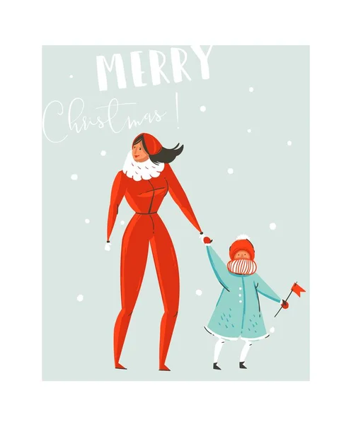 Mão desenhado vetor abstrato diversão Feliz Natal tempo cartoon ilustração conjunto com a família mãe e filha andando em roupas de inverno isolado no fundo azul . —  Vetores de Stock