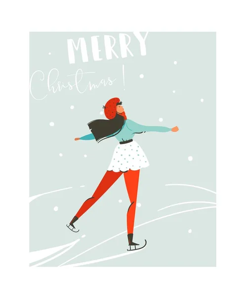 손으로 그린 벡터 추상 재미 파란색 배경에 고립 된 얼음에 스케이트 젊은 여자와 함께 메리 크리스마스 시간 만화 그림 카드. — 스톡 벡터