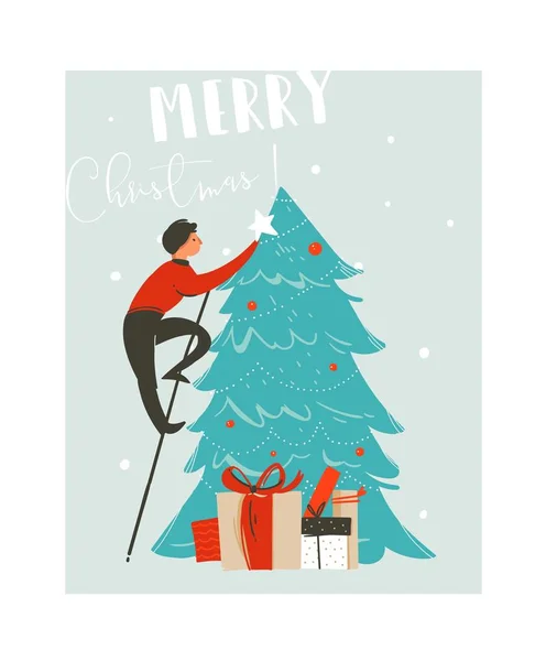 Hand drawn vector abstract fun Merry Christmas time cartoon illustration card with father who decorated Christmas tree and surprise gift boxes isolated on blue background. — Stock Vector