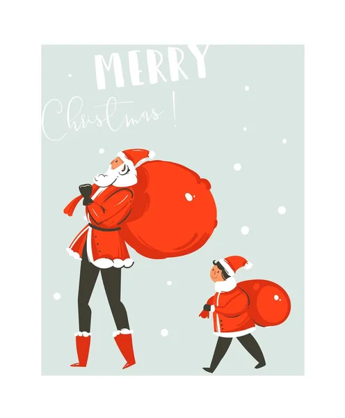 Боку звернено вектор абстрактних весело Merry Christmas час мультфільм ілюстрація картку з великих і малих Санта-Клауса сім'ї з сюрпризом сумки ходьба разом ізольовані на синьому фоні — стоковий вектор