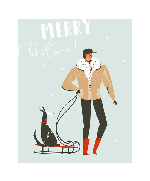 Hand drawn vector abstract fun Merry Christmas time cartoon illustration set with father walking in winter clothing with dog on sleigh isolated on blue background. — Stock Vector