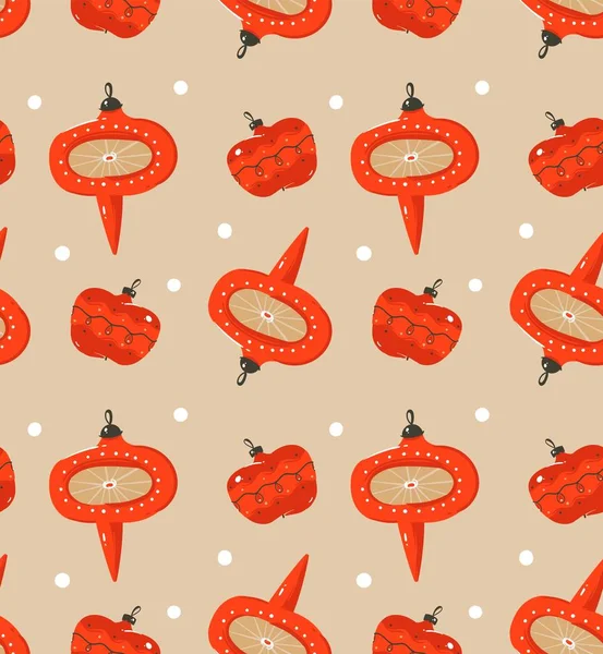 Elle çizilmiş vektör soyut eğlenceli Merry Christmas craft kağıt arka plan üzerinde izole vintage retro Noel ağacı oyuncaklar ile çizgi film illüstrasyon seamless modeli zaman