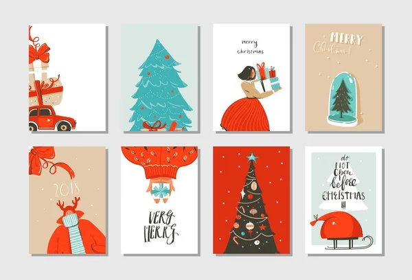 Diversión abstracta vectorial dibujada a mano Feliz Navidad colección de tarjetas de dibujos animados con ilustraciones lindas, cajas de regalo sorpresa, árbol de Navidad y caligrafía moderna aislada sobre fondo blanco — Vector de stock