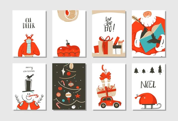 Diversión abstracta vectorial dibujada a mano Feliz Navidad colección de tarjetas de dibujos animados con ilustraciones lindas, cajas de regalo sorpresa, árbol de Navidad y caligrafía moderna aislada sobre fondo blanco — Vector de stock
