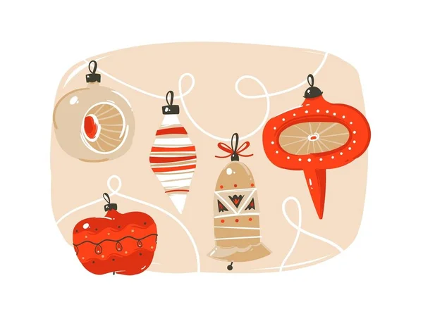 Боку звернено вектор абстрактних весело Merry Christmas час мультфільм ілюстрації колекції встановити з мило ретро vintage Різдво дрібничка ізольовані на білому тлі — стоковий вектор