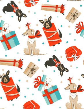 Beyaz arka plan üzerinde çizilmiş vektör soyut eğlenceli neşeli Noel zaman karikatür çizimler seamless modeli vintage Noel hediye kutuları köpeklerde şirin komik memeli ile izole el