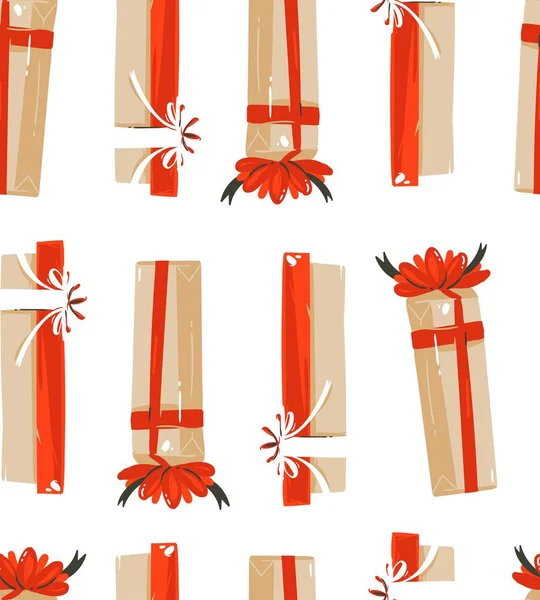 손으로 그린 벡터 추상 재미 메리 크리스마스 시간 만화 일러스트 원활한 패턴 흰색 배경에 고립 된 귀여운 복고풍 빈티지 크리스마스 선물 — 스톡 벡터
