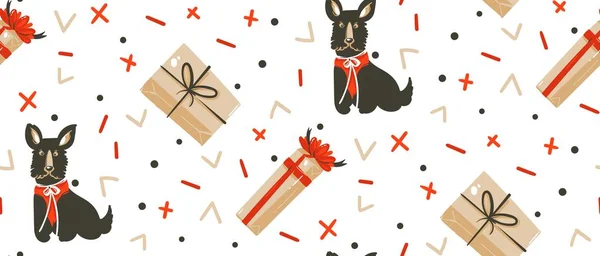 Hand dras vektor abstrakt kul god jul tid tecknade illustrationer sömlösa mönster med Söt rolig däggdjur hundar i vintage jul gåvor lådor isolerad på vit bakgrund — Stock vektor