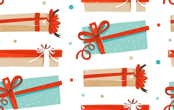 Kézzel rajzolt vektoros absztrakt szórakoztató Merry Christmas time rajzfilm illusztrációk varrat nélküli mintát aranyos retro vintage karácsonyi ajándékok elszigetelt fehér background — Stock Vector